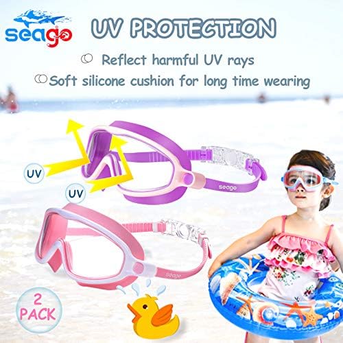 Seago Swim Goggles 2 Pack Anti-Fog Anti-UV Wide View Swimming Goggles for Kids 3-15