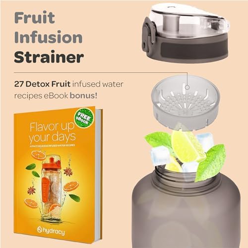 Hydracy Water Bottle with Time Marker -Large BPA Free Water Bottle & No Sweat Sleeve -Leak Proof Gym Bottle with Fruit Infuser Strainer & Times to Drink -Ideal for Fitness Sports & Outdoors