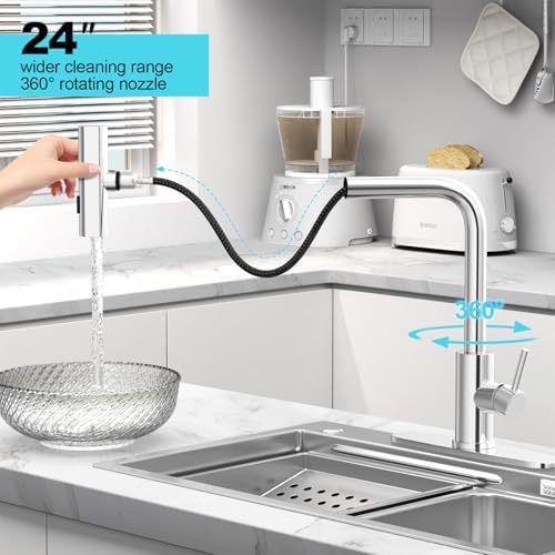 Single Hole Kitchen Faucets with Pull Down Sprayer in Chrome, Single Handle, High Flow Water, Pull Out Tap, Stainless Steel Sink Faucet, Suitable for Farmhouse Camper Laundry Rv Bar