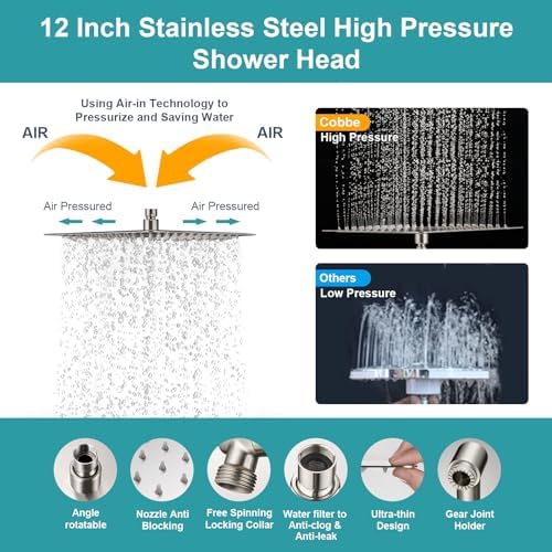 Cobbe 12 Inch All Metal 3-Way Rain Shower Head, High Pressure Shower Head, Dual Shower Heads with Handheld Spray Combo - 9 Spray Filtered Shower Head, Brushed Nickel