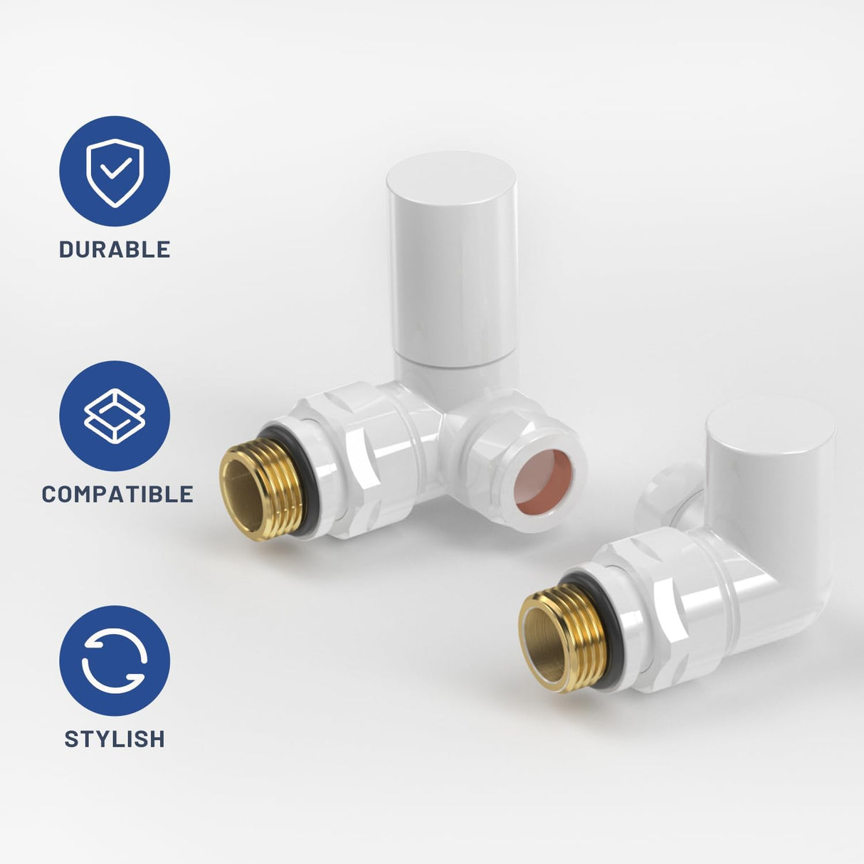 VANCOCO Glossy White 1/2"×15mm Corner Radiator Valve Round with Lockshield,Manual Radiator Valve Standard Connection for Heated Towel Rail and Central Heating Modern Bathroom