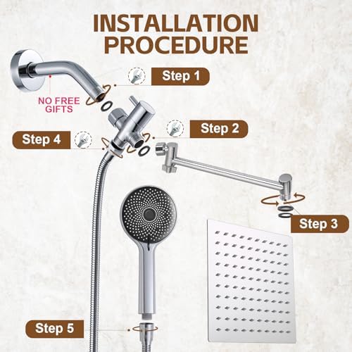 Shower Head,10”Rain Shower Head with Handheld Spray Combo and Adjustable Extension Arm/3-Way Flow Regulator/Shower System,High Pressure Rain Fall Hose,Chrome