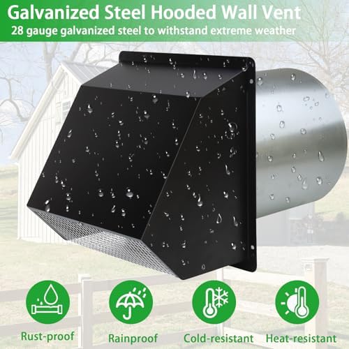 10 Inch Hooded Wall Vent with Screen and Damper,Outdoor Wall Exhaust Vent Cover Cap for Kitchen Range Hood HVAC Duct Dryer Ventilation&Outside Exterior Mount,Galvanized Steel,Black