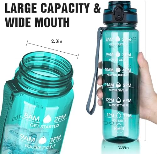 OLDLEY Water Bottle, 32oz Motivational Sports Water Bottle with Time Marker - Times to Drink - Tritan, BPA Free, Wide Mouth Leakproof, Deep Sea (1 Bottle)