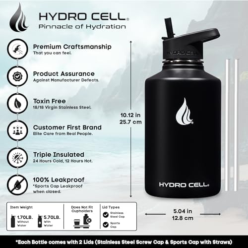 HYDRO CELL Stainless Steel Insulated Water Bottle with Straw - For Cold & Hot Drinks - Metal Vacuum Flask with Screw Cap and Modern Leakproof Sport Thermos for Adults (Black 64oz)