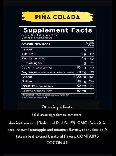 REDMOND Re-Lyte Hydration Electrolyte Powder Mix (Pina Colada), 30 Stick Packs