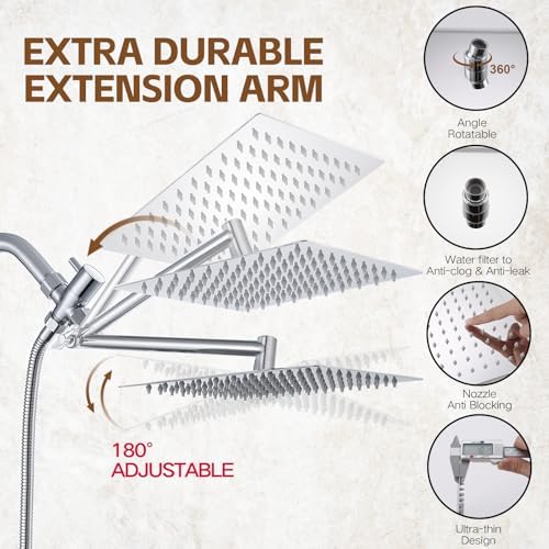 Shower Head,10”Rain Shower Head with Handheld Spray Combo and Adjustable Extension Arm/3-Way Flow Regulator/Shower System,High Pressure Rain Fall Hose,Chrome