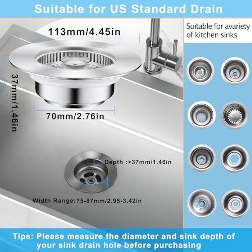 3-in-1 Kitchen Sink Drain Strainer & Stopper, Stainless Steel Food Catcher Plug with Filter Basket, Fits 3-1/2 Inch Drain Hole, Universal Sink Protector Cover, Anti-Clogging, Silver