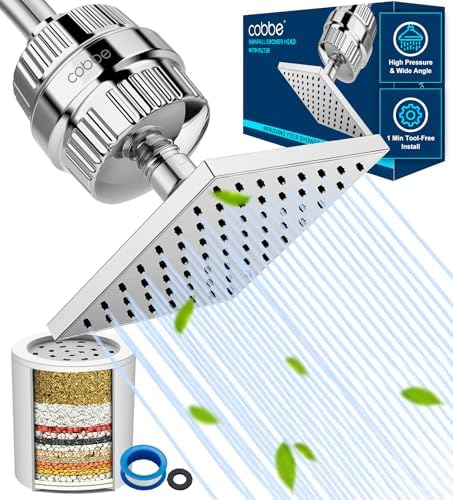 Cobbe High Pressure Filtered Shower Head Combo, Rain Shower Head with 20 Stage Shower Head Filter for Hard Water - Adjustable Replacement Remove Chlorine and Harmful Substances, Chrome