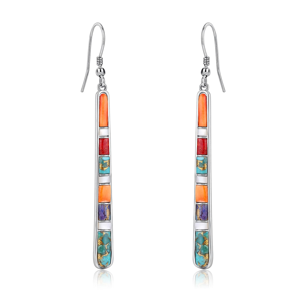 Phyonio Turquoise Earrings for Women 925 Sterling Silver Multicolor Gemstones Dangle Earrings Bohemian Style Statement Bar Earrings Dangle Earrings for Women Summer Earrings Valentines Gifts
