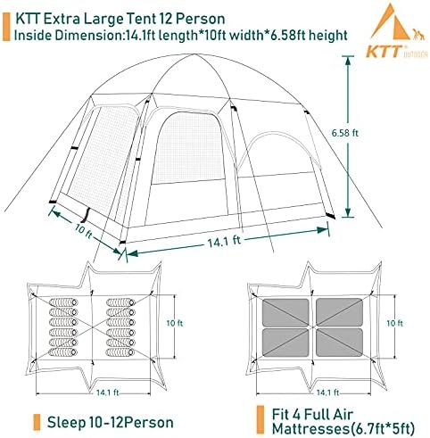 KTT Extra Large Tent 10-12-14 Person(B),Family Cabin Tents,2 Rooms,3 Doors and 3 Windows with Mesh,Straight Wall,Waterproof,Double Layer,Big Tent for Outdoor,Picnic,Camping,Family Gathering