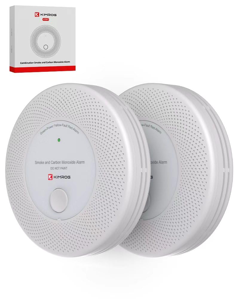 KIMROG 10-Year Sealed Battery 2-in-1 Smoke & Carbon Monoxide Detector Alarm | Home/Garage Combo CO & Smoke Alarm Detector with LED Warning Light Indicators & V-0 Flame-Retardant Housing(2-Pack)