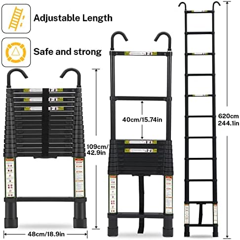Telescopic Ladder, 20.34FT RIKADE Aluminum Telescoping Ladder with Stable Hook and Non-Slip Feet, Portable Extension Ladder for Household and Outdoor Working 330lb Capacity