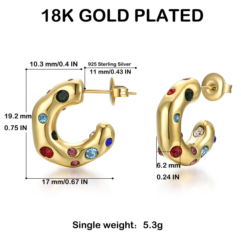 FRUMOS 14K Gold Huggie Hoops 925 Silver Post Colorful CZ Earrings for Women