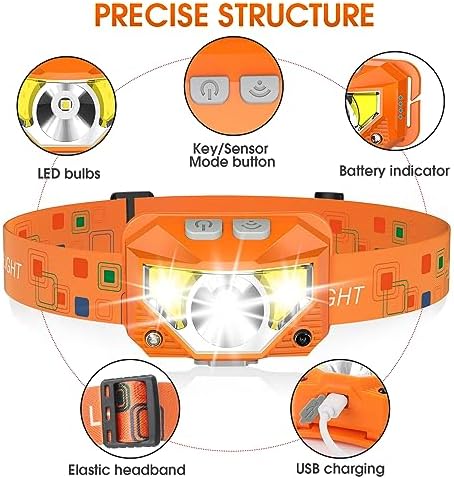 LHKNL Headlamp Flashlight,1200 Lumen Ultra-Light Bright LED Rechargeable Headlight with White Red Light,2-Pack Waterproof Motion Sensor Head Lamp,8 Mode for Outdoor Camping Running Fishing- Orange