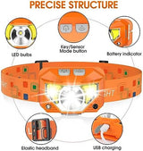 LHKNL Headlamp Flashlight,1200 Lumen Ultra-Light Bright LED Rechargeable Headlight with White Red Light,2-Pack Waterproof Motion Sensor Head Lamp,8 Mode for Outdoor Camping Running Fishing- Orange