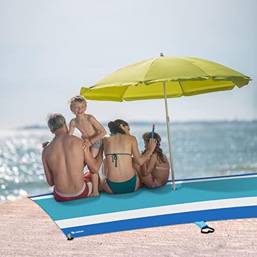 Blue Beach Blanket with Umbrella Hole 7ftx5ft- Water Resistant, Sandproof, Lightweight, Rip-Stop Nylon with Umbrella Hole & Sand Pockets, Camping Essentials, Beach Canopy Compatible