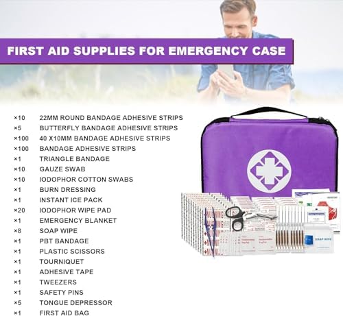 Small-Campact First-Aid Kit-Refill Supplies-Basic Emergency-Essentials - 300PCS Home Essentials Emergency Accident Kits for Businesses Workplace Outside Travel Purple 1st Aid