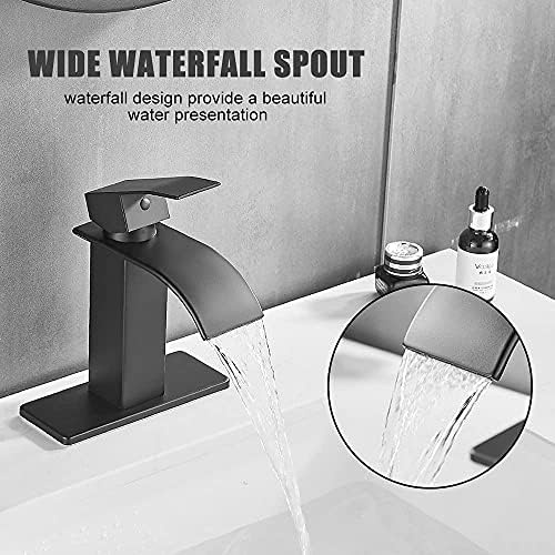 Bathroom Faucet Matte Black Modern Waterfall Bathroom Sink Faucet with Single Handle Suitable for 1 or 3 Holes,Supply Deck Plate and Hose