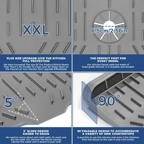 24" Splash Guard Plus Size Silicone Sink Faucet Drying Mat Handle Drip Catcher Tray Dish Sponge Holder Kitchen Accessories Protector Home Organization Gadgets Organizer