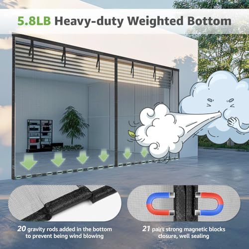 Garage Door Screen, 16x7 Ft Magnetic Closure Heavy Duty Weighted Bottom Garage Screen Doors for 2 Car Garage, Fiberglass Mesh Anti Annoying Animal Out