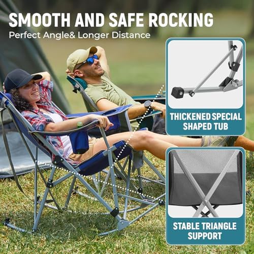 FUNDANGO Rocking Camping Chair, 2 Pack High Mesh Back Portable Folding Camp Chairs with Pillows, Cup Holder and Carry Bag for Lawn Patio Garden Outdoor Supports 300 Lbs (Black/Grey)