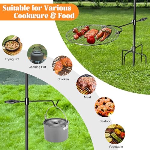 CANDANA Campfire Grill Grate with Keetle Hook Camp Fire Pit Cooking Equipment 360° Rotatable Swivel for Outdoor Camping BBQ Heavy Duty Fireplace Firepit Grilling Parts