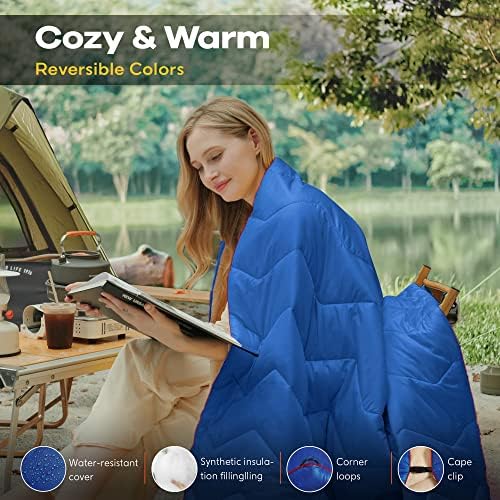 UNIKOME Outdoor Packable Travel Blanket, Lightweight Waterproof Puffy Down Alternative Camping Blanket With Corner Loops, 75'x52', Blue