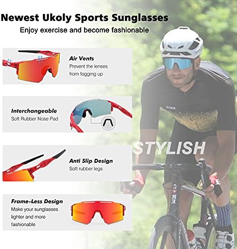 Ukoly Cycling Sunglasses for Men Women with 3 Interchangeable Lenses, Polarized Sports Sunglasses, Baseball Sunglasses