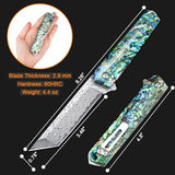 AUBEY Damascus Pocket Knife with Clip, Sharp Tanto Blade with VG10 Core Folding Knife with Abalone Shell Handle and Glass Breaker, EDC Camping Knife for Gift Survival Collection