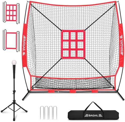 BAGAIL 7x7 ft Baseball & Softball Practice Net with Bow Frame for Batting, Hitting, Pitching, Portable Baseball Throwing Net with 2 Strike Zone Batting Tee, Carry Bag, Great for All Levels