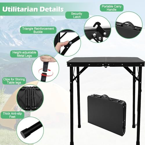 Small Metal Folding Table, Picnic Camping Side Table for Outdoor Garden Patio - Portable Lightweight, Compact & Height Adjustable Grill Stand BBQ