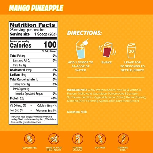SEEQ Clear Whey Isolate Protein Powder, 22g Protein, Zero Lactose, Zero Sugar for Teens, Men, and Women, Healthy Juicy Protein with 25 Servings (Mango Pineapple)
