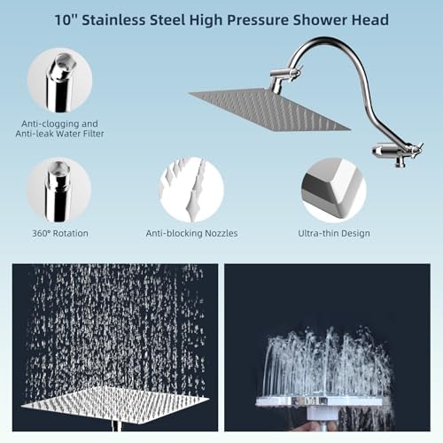 Hibbent All Metal Shower Head, 10'' High Pressure Rainfall Shower Head/Handheld Showerhead Combo with 12'' Adjustable Curved Shower Extension Arm, 7 Sprays, 71'' Shower Hose, Showerhead Holder, Chrome