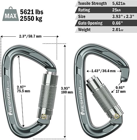 FresKaro 4inches 25kN-5621lbs Climbing Carabiners, UIAA CE Certified, Twist Auto Locking, Made of 7075 Aluminium, Lightweight, Rust Proof, for Mountaineering, Rappelling etc., Multi-Colors