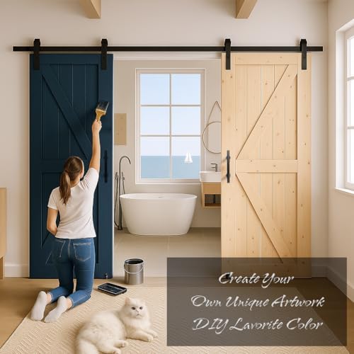 S&Z TOPHAND 36 in. x 84 in. Unfinished British Brace Knotty Barn Door with 6.6FT Sliding Door Hardware Kit/Solid Wood/Sliding Door/Double Surfaces/A Simple Assembly is Required