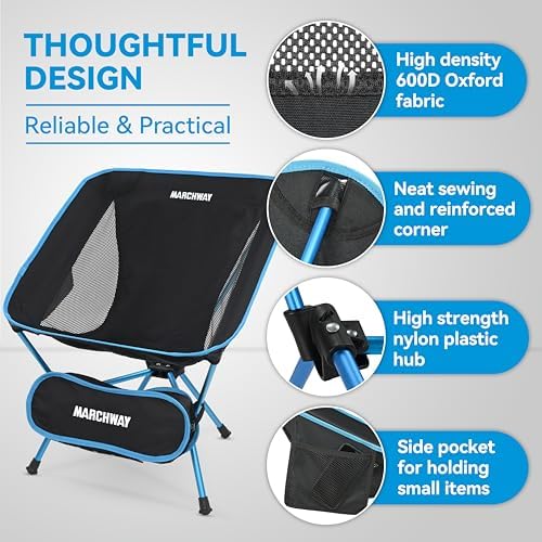MARCHWAY Lightweight Folding Camping Chair, Stable Portable Compact for Outdoor Camp, Travel, Beach, Picnic, Festival, Hiking, Backpacking, Supports 330Lbs (Blue)