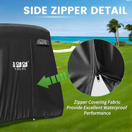10L0L 2/4/4+2 Passenger Golf Cart Cover Fits for Yamaha EZGO Club Car, 420D Waterproof Durable Polyester Golf Cart Cover with Three Zipper Doors Windproof Sunproof - Black/Army Green/Sliver