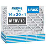 Aerostar 14x20x1 MERV 13 Pleated Air Filter, AC Furnace Air Filter, 6 Pack (Actual Size: 13 3/4"x 19 3/4" x 3/4")