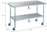 Stainless Steel Table for Prep & Work with Caster & Backsplash 30x60 Inches, NSF Metal Commercial Kitchen Heavy Duty Table with Adjustable Under Shelf and Table Foot for Restaurant, Home and Hotel