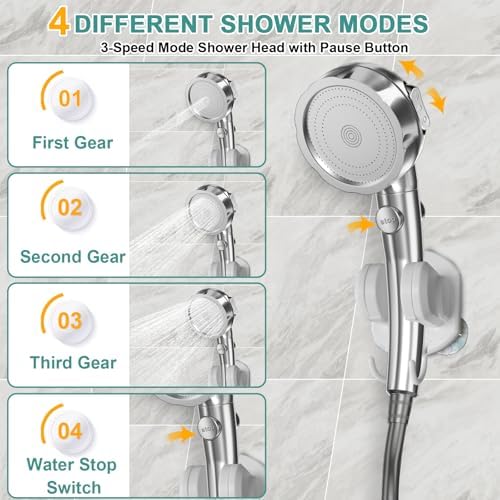 Portable Shower for Camping, Rechargeable Electric Camping Shower Pump with Battery Level Display, Multiple Spray Head with 3-Speed Mode & Pause Button for Outdoor Travel,Hiking, Easy to Store