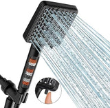 Filtered Shower Head Black - 6 Modes High Pressure Handheld Shower Head with Filter Mineral Beads, Detachable Handheld Showerhead Set with Stainless Steel Hose and Shower Arm Bracket