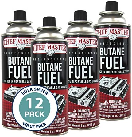 12 x 8oz. Butane Fuel Canister, Tin Canister for Tailgating, Picnics, Hikings, Road Trips, Car Campings, Butane Fuel Refill for Kitchen Torch, Portable Stove, Portable Camp Stoves by Chef Master 90340