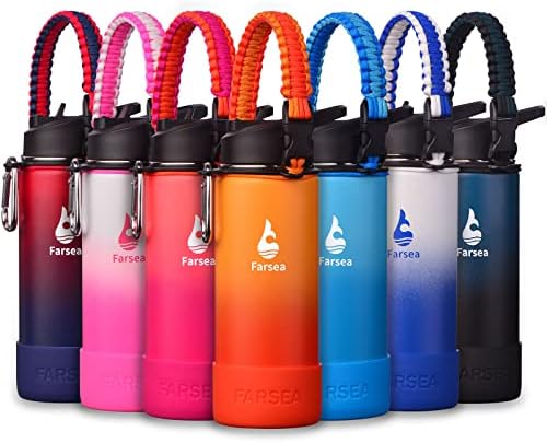 Farsea Insulated Water Bottle With Paracord Handle, Protective Silicone Boot and 2 Lids (Straw Lid & Spout Lid), Stainless Steel Water Bottle Wide Mouth, Double Wall Sweat-Proof BPA-Free, 18 oz