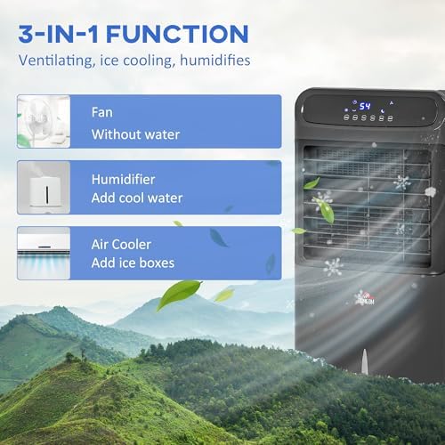HOMCOM 32" Evaporative Air Cooler, 60° Oscillating, 3-In-1 Ice Cooling Fan, Portable Swamp Cooler with Humidifier, Water Tank for Home Office, 3 Modes, 3 Speeds, 12H Timer, Remote, Black