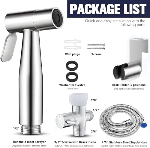 New Version Handheld Bidet Sprayer for Toilet, Premium Stainless Steel Bathroom Bidet Sprayer Set, Baby Cloth Diaper Sprayer with Superior Complete Bidet Spray Hoses Kit, Support Wall or Toilet Mount