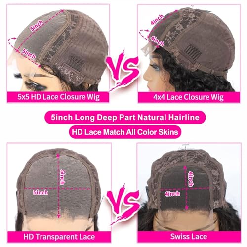 htsly 5x5 Hd Lace Closure Wigs Human Hair Water Wave 5x5 Closure Wig for Women 180 Density Curly Closure Wig Glueless Wet and Wavy Lace Front Wigs Pre Plucked Natural Black 24 Inch