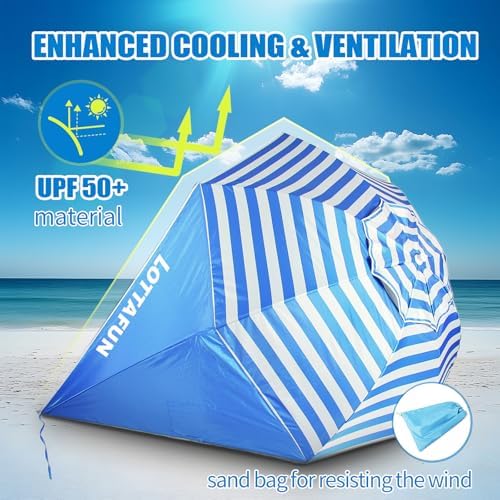 Beach Shelter Umbrella Premiere UPF 50+ Umbrella Shelter for Sun and Rain Protection for Adult (10-Foot,Blue Stripe)