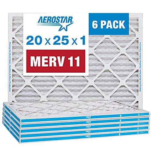 Aerostar 20x25x1 MERV 11 - 6 Count - Pleated HVAC, Furnace & Air Conditioner Filters - Removes Dust, Cold & Flu Germs, Lint, Mold, Pet Dander, Allergy-Causing Pollen, Smog & Smoke