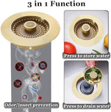 3 in 1 Kitchen Sink Stopper, Pop Up Kitchen Sink Drain Strainer, with an Extra Basket Strainer, Kitchen Sink Drain Stopper for US Standard 3-1/2 Inch, Brass Material Electroplate Gold